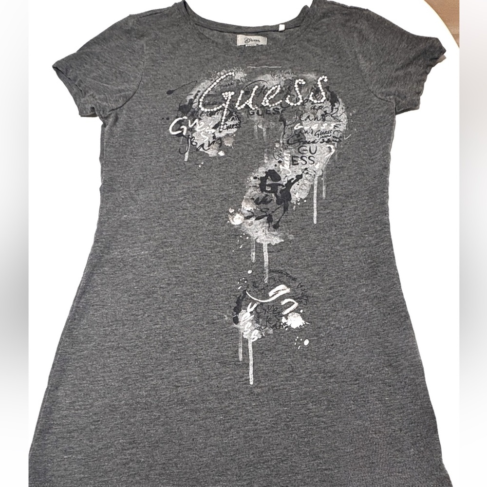 GUESS Gray & Silver Bling Rhinestone Studded Logo Short Sleeve Graphic T-Shirt